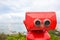 Red binoculars at observation deck