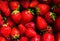 Red biological strawberry background. Many bright fresh berries with green leaves. Horizontal harvesting composition