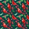 Red birds, Christmas holly leaves, berries, red cardinal, watercolor hand drawn. New year background. Seamless pattern