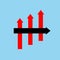 Red with black arrow line upper vector isolated on blue background.