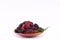 Red and black berry fruit and mulberry leaf in brown bowl on white background healthy mulberry fruit food isolated