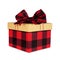 Red and black buffalo plaid Christmas gift box with lid and bow isolated on white