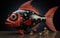 A red and black fish statue next to two small figurines. Generative AI image.