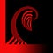 red and black graphic design. swirling ring shape and curved pattern