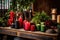 red, black, and green candle display in rustic setting