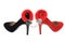 Red and black high heel stiletto shoes with furry handcuffs