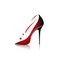 A red and black high heeled shoe with a white background