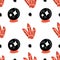 Red and Black monochrome palm reader psychedelic with crystals and fortune ball pattern. Cosmic seamless vector repeat