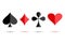 Red and black poker card suit: heart, club, diamond and spade with colored shadow. Vector illustration