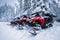 Red and black snowmobiles near forest in winter