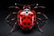 A red and black spotted beetle with a black background. The beetle has six legs, two antennae, and a pair of wings