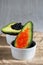 Red and black vegan caviar from kelp seaweed on avocado. Valuable and healthy product for a healthy diet. Superfood