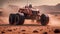 A red and black vehicle is seen driving briskly through the barren and desolate terrain of a desert, A stunning video tour of the