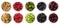 Red, black, yellow and green food. Fruits and berries in bowl isolated on white. Sweet and juicy berry with copy space for text. R