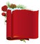 Red blank paper scroll, fir branch, berry and rose