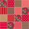 Red blanket in country style. Quilt design with rose flowers and geometric ornament. Seamless patchwork pattern.