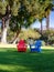 Red and Blue Adirondack Chairs in Shade of Pine