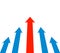 Red and blue arrows rise up. Rating raising business promoting, symbol of leadership, development and moving forward