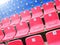 Red blue benches, in an empty stadium without people.