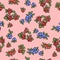 Red and blue berries on pink background colorful seamless pattern. Cowberry, lingonberry, blueberry