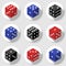 Red, blue and black casino dice on a white background.