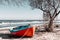 Red and blue boat tied to a tree laying at the beach in winter time rough sea