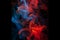 Red blue burning hot sparks smoke cloud particles floating on dark black abstract art background with copy space Generative AI.