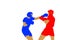 red and blue colored silhouettes of boxing fighters. Kickboxing and sparring. White isolated background