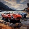 A red and blue convertible cars parked on a rocky shore