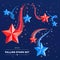 Red and blue falling stars on black background. Design elements for Independence, Patriot, Memorial, Veterans, Presidents day. EPS