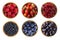 Red and blue food.Raspberries, strawberries, red currants, blueberries, bilberries and grapes.