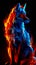 A red and blue fox sitting in the dark, a magical creature made of fire on black background.
