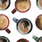 Red, blue and green cups with coffee watercolor seamless pattern