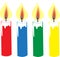 Red blue green yellow burning candle with yellow light