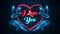 Red and blue light i love you neon animation with doves flying heart and vines decoration against blue vintage brick wall