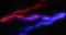 Red and blue lightning bolts of electrical current moving wildly across black background