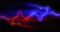 Red and blue lightning bolts of electrical current moving wildly across black background