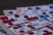 Red and blue marked Bingo cards close up