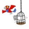 Red and blue parrot escaping from cage