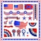 Red and blue patriotic American badges labels with flag, banners, round, shields wreaths in the colour pattern of the