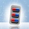 Red and blue pills in a blister on bokeh background