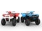 Red and blue quad bikes side by side