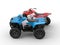 Red and blue quad bikes - side view