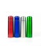 Red, blue, silver and green thermos bottles isolated on white background