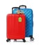 Red and blue suitcases with TRAVEL INSURANCE label on white