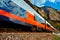 Red blue train in motion in Austrian alps mountains. High speed mountain train arrives at Hallstatt Obertraun train station