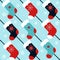 Red and blue vintage diagonal seamless pattern with christmas stockings and snowflakes