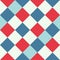 Red Blue White Large Diagonal Seamless French Checkered Pattern. Inclined Big Colorful Fabric Check Pattern Background. 45 degrees