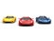 Red, blue and yellow super cars racing - front view