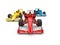 Red, blue and yellow super fast race cars